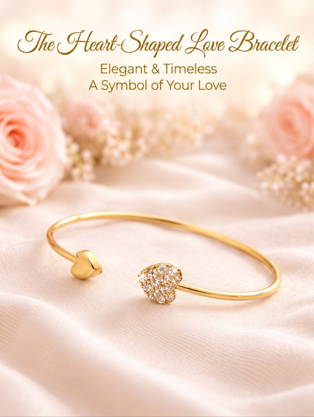 Delicate Hearts Open Cuff Bangle Adjustable Bracelet with Pave` Crystals